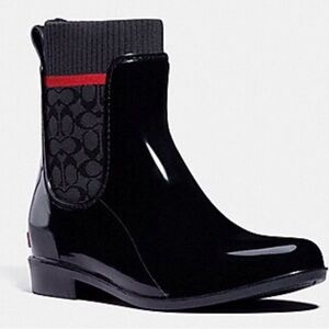 Coach Black Patent Chelsea Boot with Signature Ankle Panel and Red Stripe